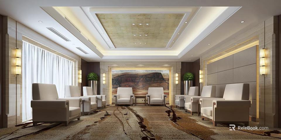 Elegant Hotel Public Lounge Area With White Sofas Decorative Carpet And Wall Painting 3d model 