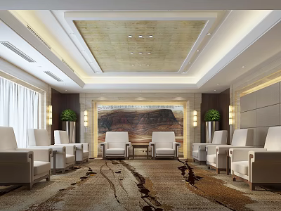Elegant Hotel Public Lounge Area With White Sofas Decorative Carpet And Wall Painting 3d model