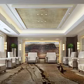 Elegant Hotel Public Lounge Area With White Sofas Decorative Carpet And Wall Painting