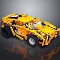 Yellow Building Block Vehicle Model with Black Tires and Complex Construction Structure Design 3d model