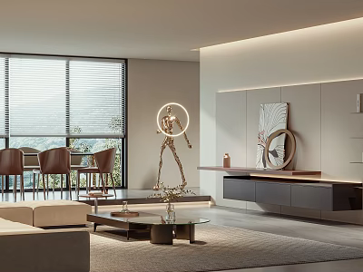 Modern Living and Dining Room Interior With Large Windows Mountain View Sofa And Circular Lamp 3d model