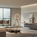 Modern Living and Dining Room Interior With Large Windows Mountain View Sofa And Circular Lamp