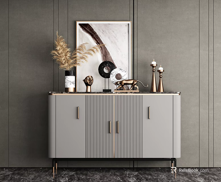 Gray Console Cabinet With Decorative Items On Dark Gray Vertical Striped Wall And Abstract Painting 3d model 