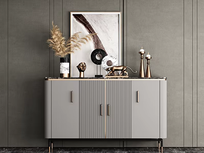 Gray Console Cabinet With Decorative Items On Dark Gray Vertical Striped Wall And Abstract Painting 3d model