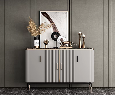 Gray Console Cabinet With Decorative Items On Dark Gray Vertical Striped Wall And Abstract Painting 3d model