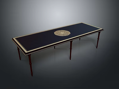 Elegant Long Dark Dining Table Featuring Gold Trim Circular Centerpiece And Wooden Legs 3d model