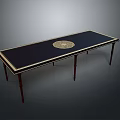 Elegant Long Dark Dining Table Featuring Gold Trim Circular Centerpiece And Wooden Legs