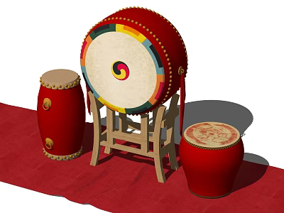 Traditional Red Drums With Stand Colorful Rings And Gold Decorations On Red Cloth 3d model