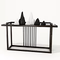 Dark Wooden Console Table With Slatted Design And Mountain Shaped Ornaments 3d model
