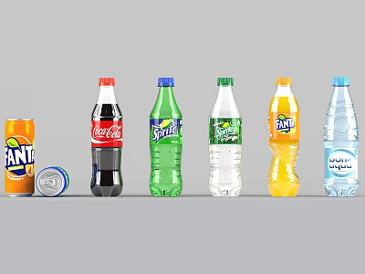 Assorted Beverages Including Coca Cola Sprite Fanta Mineral Water Bottles Cans with Bright Colors 3d model
