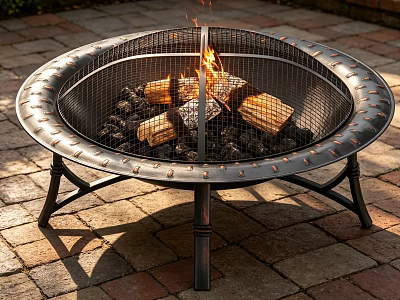 Outdoor Metal Fire Pit With Mesh Cover Burning Wood Logs On Brick Patio 3d model