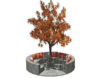 Circular Gray Outdoor Sofa With Orange Cushions Under Tree With Orange Leaves 3d model