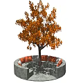 Circular Gray Outdoor Sofa With Orange Cushions Under Tree With Orange Leaves