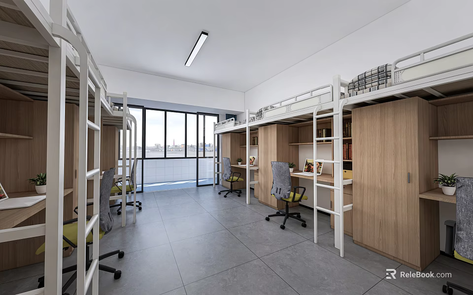 School Student Dormitory With Bunk Beds Study Desks And Storage Cabinets 3d model