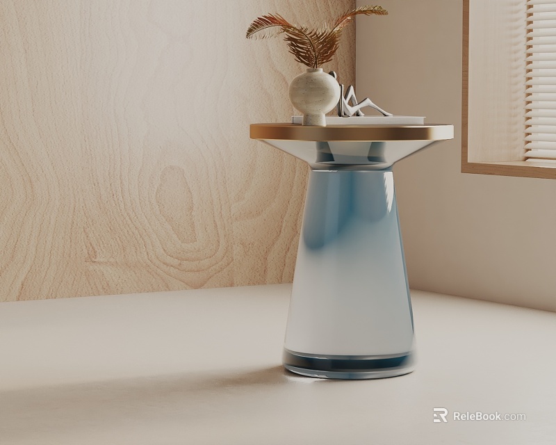 Modern Side Table With Blue Gradient Base Wooden Top Decorative Vase And Wooden Wall Background 3d model 