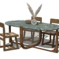 Elegant Oval Dining Table Set with Green Marble Top and Wooden Woven Chairs