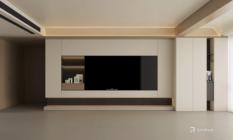 Modern TV Wall Interior Design With Large Screen And Open Shelves 3d model