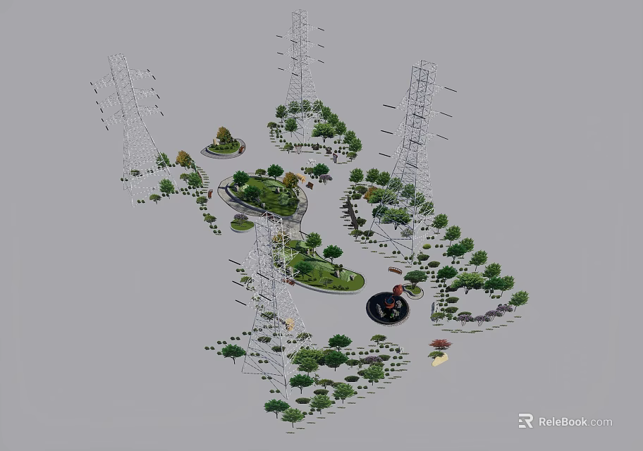 Power Towers in Scenic Green Area with Trees and Open Landscape Layout 3d model 
