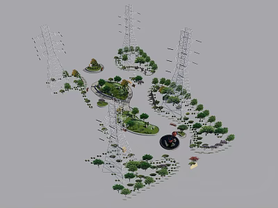 Power Towers in Scenic Green Area with Trees and Open Landscape Layout 3d model
