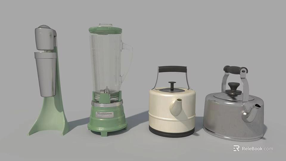 Vintage Green Blender With White And Silver Kettles Kitchen Appliances 3d model 