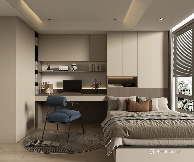 Modern Tatami Bedroom Interior With Platform Bed Desk Chair And Window Blinds 3d model 