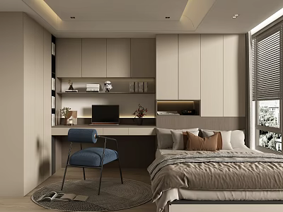 Modern Tatami Bedroom Interior With Platform Bed Desk Chair And Window Blinds 3d model