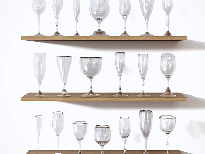 Elegant Wine Glasses Neatly Arranged On Wooden Shelves With Various Sizes And Styles 3d model
