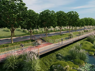 Scenic Boardwalk Path With Lush Trees Green Grass And People Walking Along Waterfront 3d model