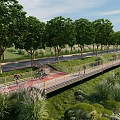 Scenic Boardwalk Path With Lush Trees Green Grass And People Walking Along Waterfront