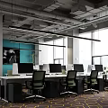 Modern Bright Public Office Space With Work Desks Computer Monitors Ergonomic Chairs And Large Windows 3d model