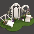 Floral Installation with White Arch Picture Frame Jewelry Box on Green Grass and Purple Flowers