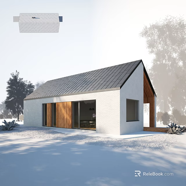 Modern Villa Balcony With White Walls Black Roof Wooden Doors Snowy Ground And Trees 3d model 