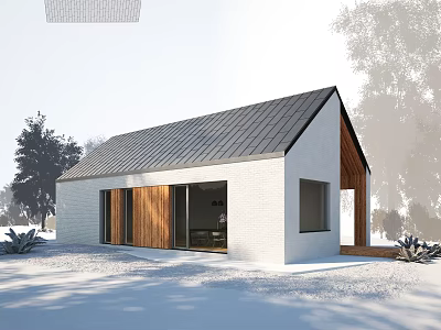 Modern Villa Balcony With White Walls Black Roof Wooden Doors Snowy Ground And Trees 3d model