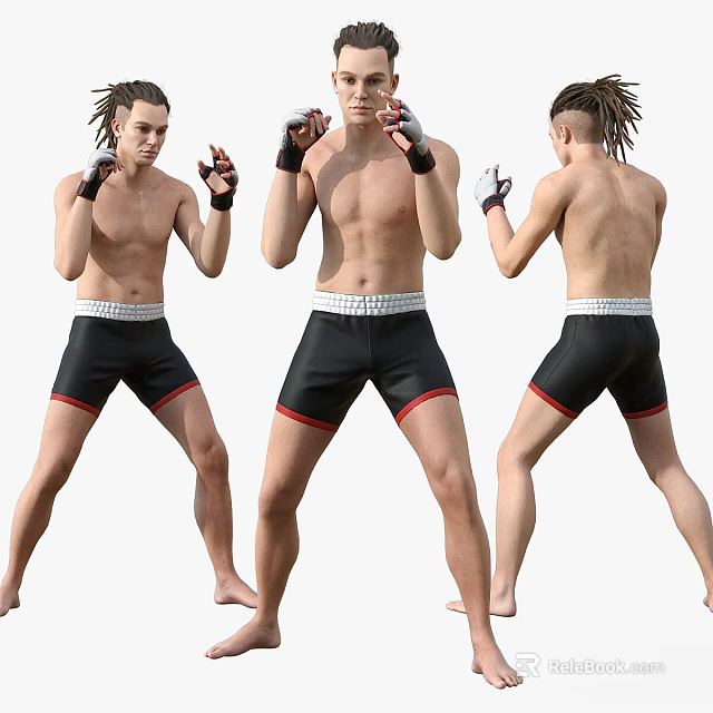 Shirtless Men in Black Shorts with Red Trim Showing MMA Fighting Stances from Multiple Angles 3d model 