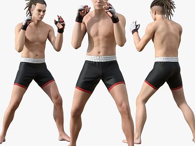 Shirtless Men in Black Shorts with Red Trim Showing MMA Fighting Stances from Multiple Angles 3d model