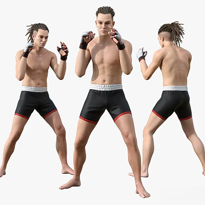 Shirtless Men in Black Shorts with Red Trim Showing MMA Fighting Stances from Multiple Angles 3d model