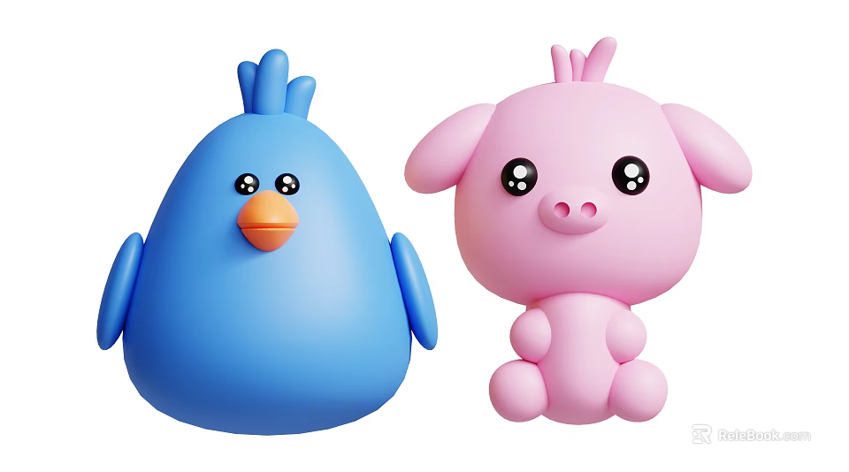 Cute Blue Bird and Pink Pig Cartoon Characters as Stuffed Animal Toys 3d model 