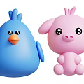 Cute Blue Bird and Pink Pig Cartoon Characters as Stuffed Animal Toys
