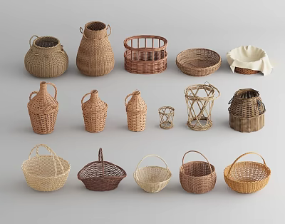 Handwoven Household Items Collection Featuring Various Shapes Baskets Vases And Trays 3d model