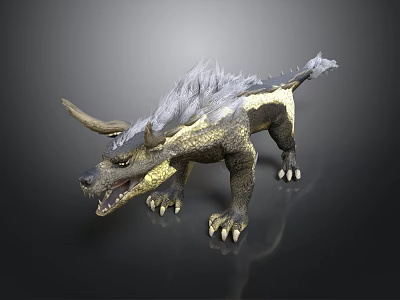 Mythical Beast 3D Rendering With Gray Mane Golden Black Scales And Horned Head 3d model