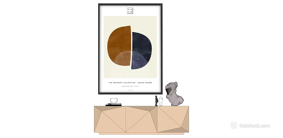 Abstract Art Print On Geometric Sideboard With Small Sculpture And Cup 2024 Collection 3d model 