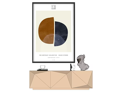 Abstract Art Print On Geometric Sideboard With Small Sculpture And Cup 2024 Collection 3d model