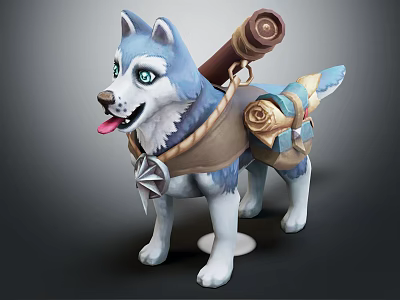 Blue and White Husky Stuffed Toy Carrying Scroll with Decorative Rose and Accessories 3d model