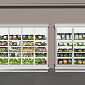 Two White Refrigerated Display Cases With Glass Doors Filled With Bottled Boxed Foods Vegetables Drinks