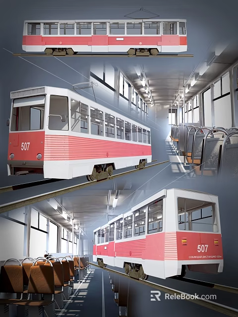 Red And White Tram Number 507 With Interior Seats And Windows 3d model