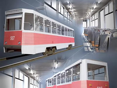 Red And White Tram Number 507 With Interior Seats And Windows 3d model