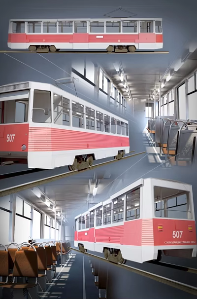 Red And White Tram Number 507 With Interior Seats And Windows 3d model