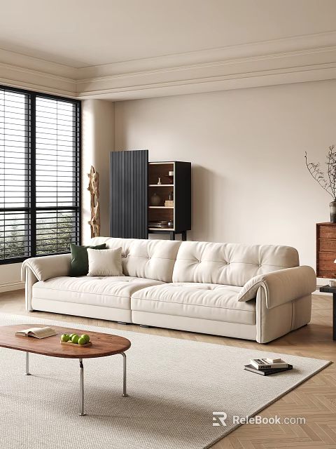 White Two-Seater Sofa in Modern Living Room with Window Blinds Black Cabinet and Wooden Table 3d model 