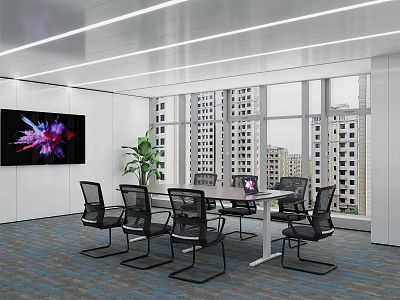 Modern Conference Room Interior With Meeting Table Black Chairs Green Plant And Large Windows 3d model