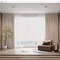 Light Colored Curtains With Window Blinds In Modern Living Room With Armchair And Potted Plant
